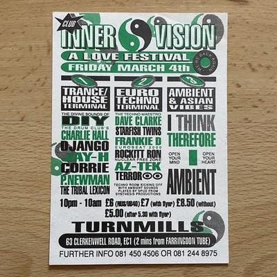 Inner Vision London Rave Flyer '94 Dave Clarke DIY Liberator House Techno Tribal