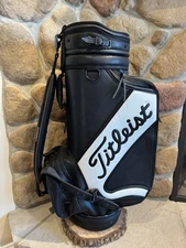 Vintage Titleist Tour Bag Golf Leather, Black & White w/ rain cover great shape