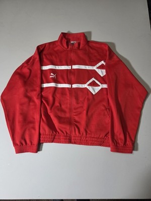 Puma Jacket Mens Medium Red Full Zip Track Knit Striped Stand Collar Athletic