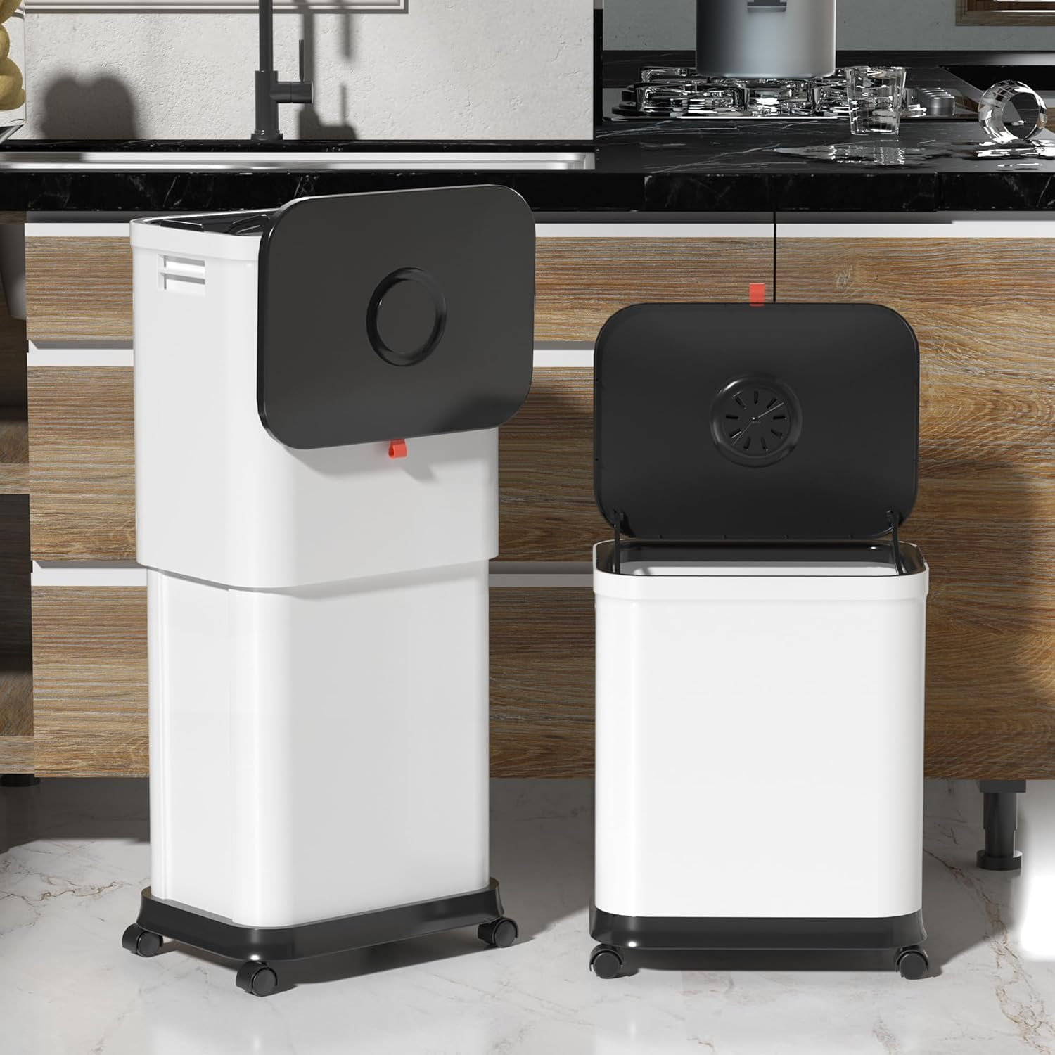 Kitchen Trash Can with Wheels,Adjustable Capacity 20L to 45L 45Liters, White