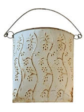 Vtg Tin Wall Pocket Embossed Painted Weathered White Raised Leaves Wire Hanger