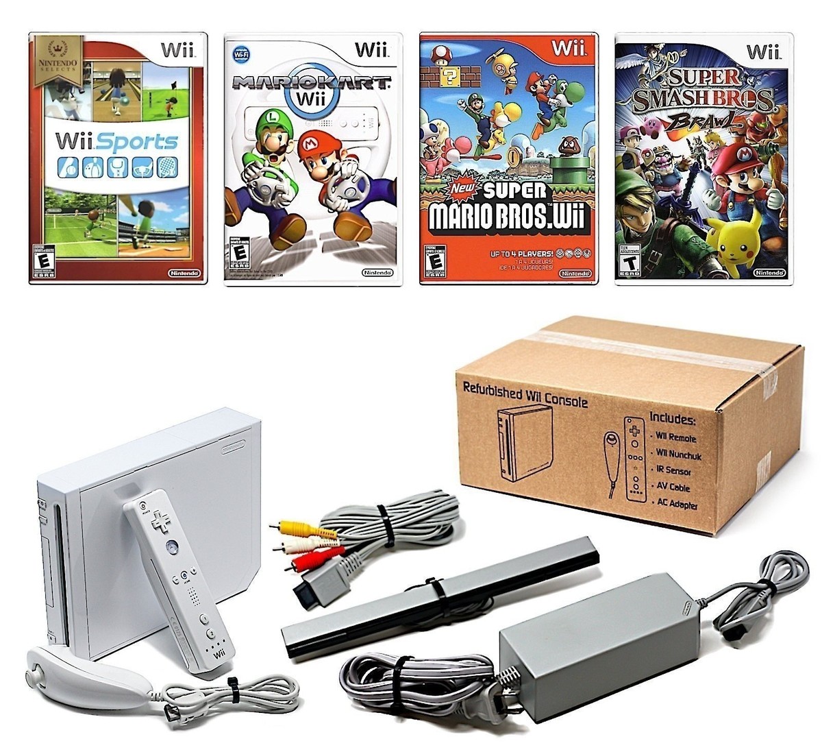 Authentic Wii Console System White + Pick Games, Controllers