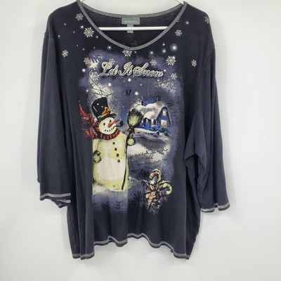 Essentials Let It Snow Snowman Cozy Cabin 3/4 Sleeve Sequin Winter Shirt 4X
