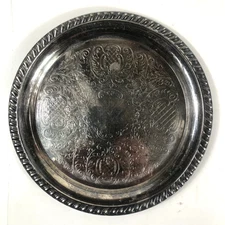Vintage Silver Plated Round Serving Tray Engraved Rope Edge 8" Etched Floral