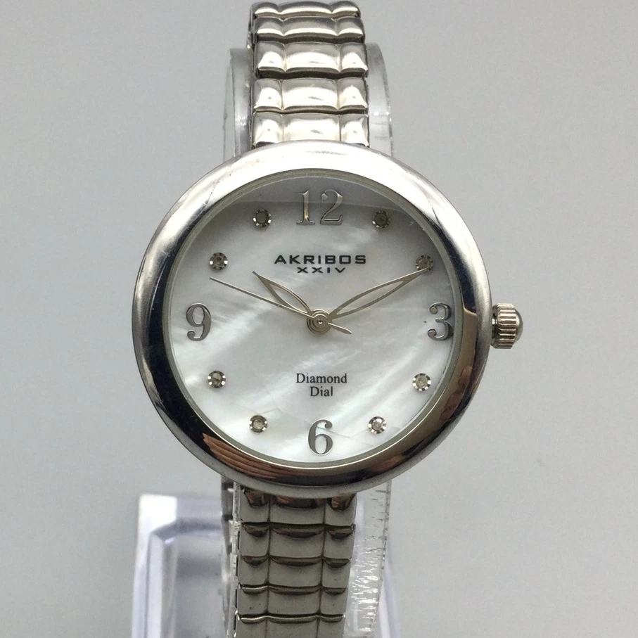 Works Akribos XXIV Women\'s Diamond Dial Quartz Watch Silver Miyota 26mm Fit 6.5\