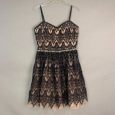 Jodi Kristopher Black Lace Nude Lined Fit Flare Dress Rhinestone Waist Size 9