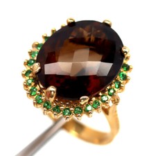 925 Silver 13 x 16 MM. Smoky Quartz  Green Tsavorite Garnet Jewelry Ring Size 7