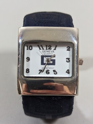 Geneva White Dial Square Silver Tone Case Blue Hinge Open Cuff Band Watch