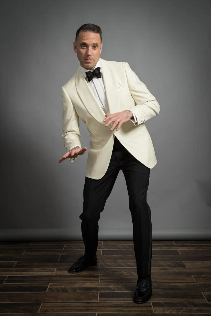 Men 2 Piece Suit Ivory Blazer Black Pants Party Prom Groom Tuxedo Wedding Suit