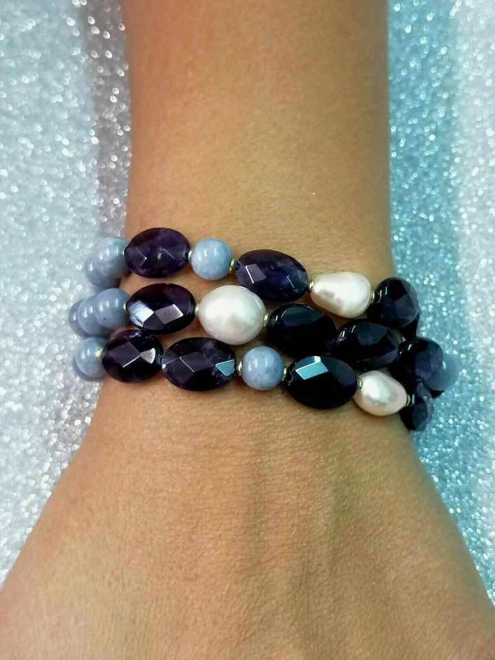 bracciale ametista perla argento 925 da donna multifilo GIOIELLO ITALIANO - Immagine 2 di 4