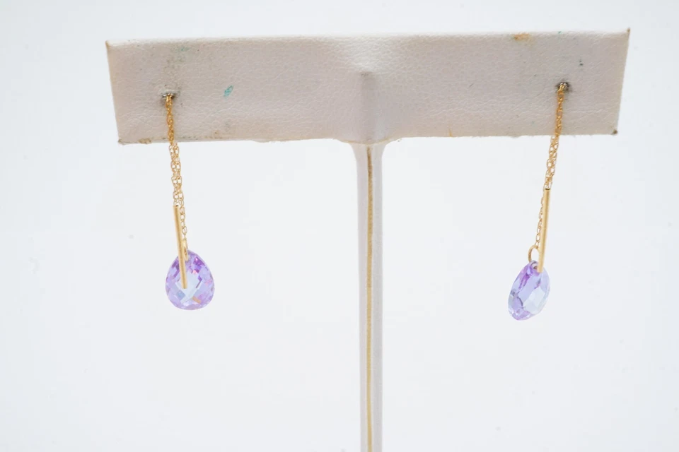 14k Yellow Gold Purple Cubic Zirconia Threader Earrings - Image 4 of 4