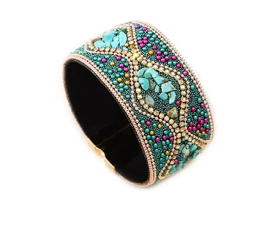 Leather Wrap Magnet Bracelet Natural Stone Beads Lake Green