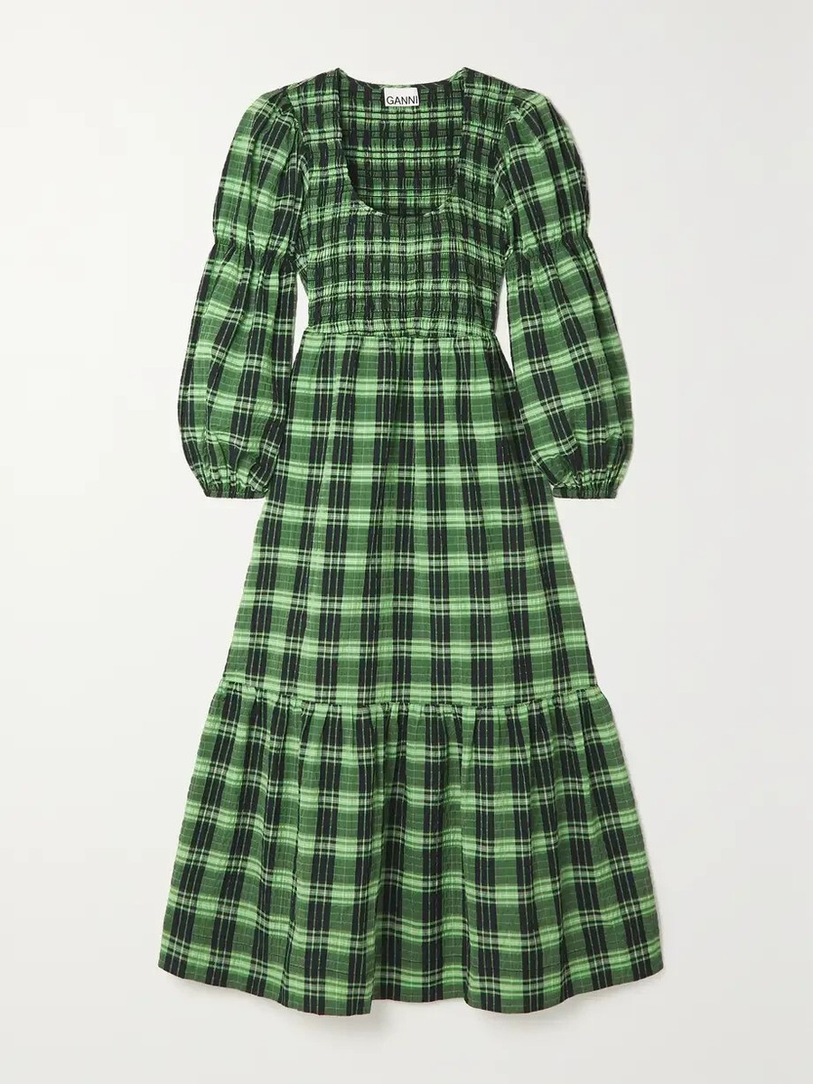 ganni green seersucker dress Tiered Checked Midi Sz S $345 *1062 Tartan dress