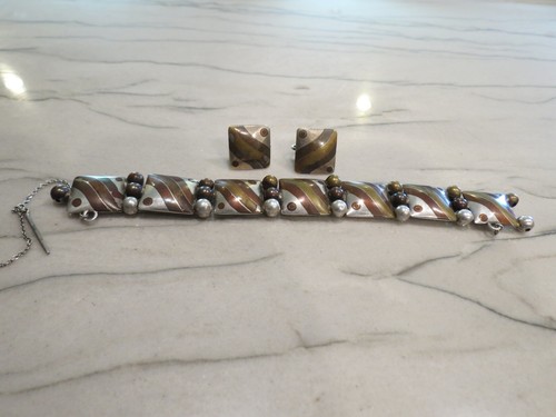 LOS CASTILLO-Chato Taxco Mexico Sterling Silver Mixed Metal Bracelet & Earrings - Picture 14 of 18