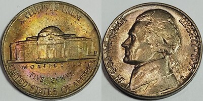 1955 D Jefferson Nickel Gem BU Unc beautiful Rainbow Toned EOR Color #Z5