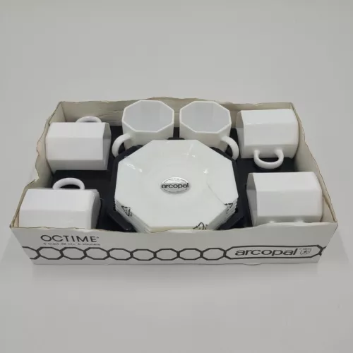 NEW Vintage Arcopal Octime Octagonal White Snack Set Coffee Tea Espresso France
