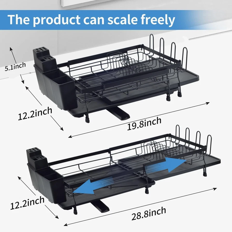 Estante de secado de platos expandible con caño de drenaje giratorio, taza y soporte para cubiertos... Foto 2 de 3