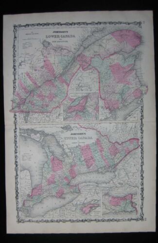 1863 Original Antique Johnson's Map of Upper Lower Canada New Brunswick Montreal - Afbeelding 1 van 1