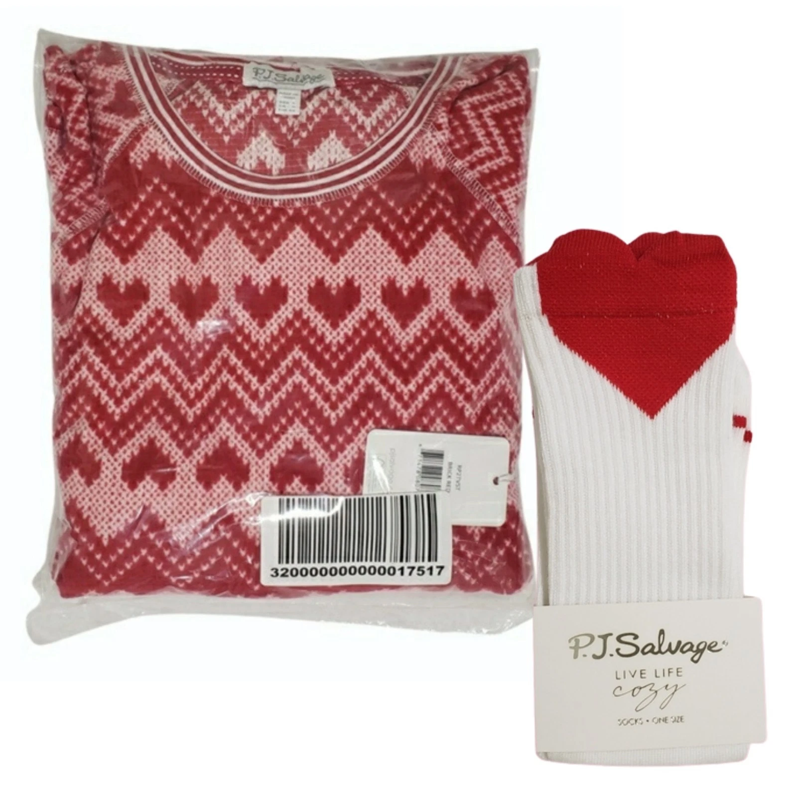 PJ Salvage Pajama Set Thermal Velour Fair Isle Hearts Medium Brick Red & Socks