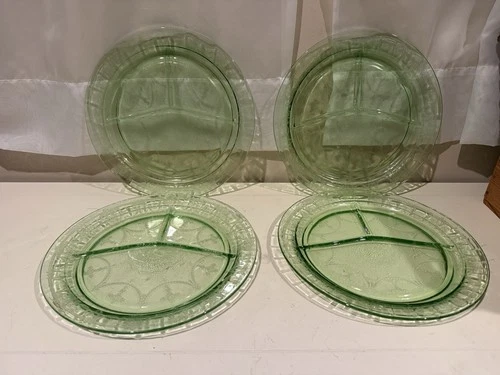 (4) Vintage Cameo Ballerina Grill Plate Green Depression Glass Anchor Hocking