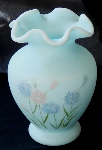 FENTON Blue Satin Glass Vase Asters Flower Signed Amy S (Amy Sallee) NO DAMAGE