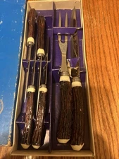 Vintage Stainless Steel Faux Antler Carving Set W/ 4 Steak Knives Hollow Ground