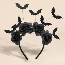 Halloween Party Headband - Cute Witch Hat with Black Artificial Flowers Bat Clip