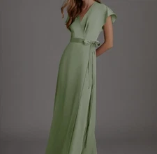 Azazie Dress Dusty Sage Nico Stretch Satin Maxi  NWT Size A0 Formal Wedding