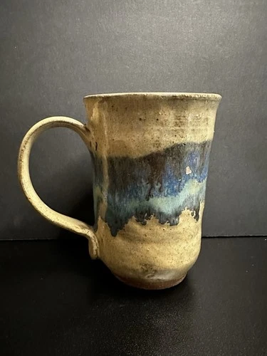 Handmade Studio Pottery Tan & Blue Drip Glaze Stoneware Mug Coffee Cup Signed