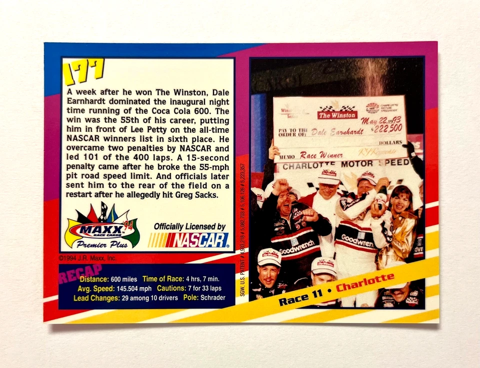 Dale Earnhardt NASCAR 1994 Maxx #177 Charlotte Win Autographed Signed - Image 4 of 4