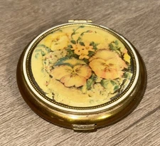 Vintage Powder Compact Mirror Floral Design Brass Trim