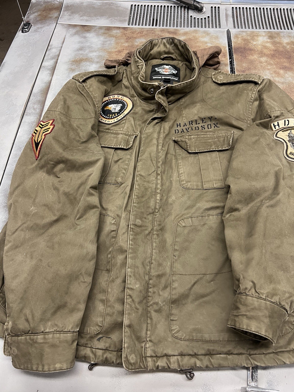 RARE Harley Davidson Men’s Army Military Motorcycle Brown Jacket/Cotton/Size 2XL