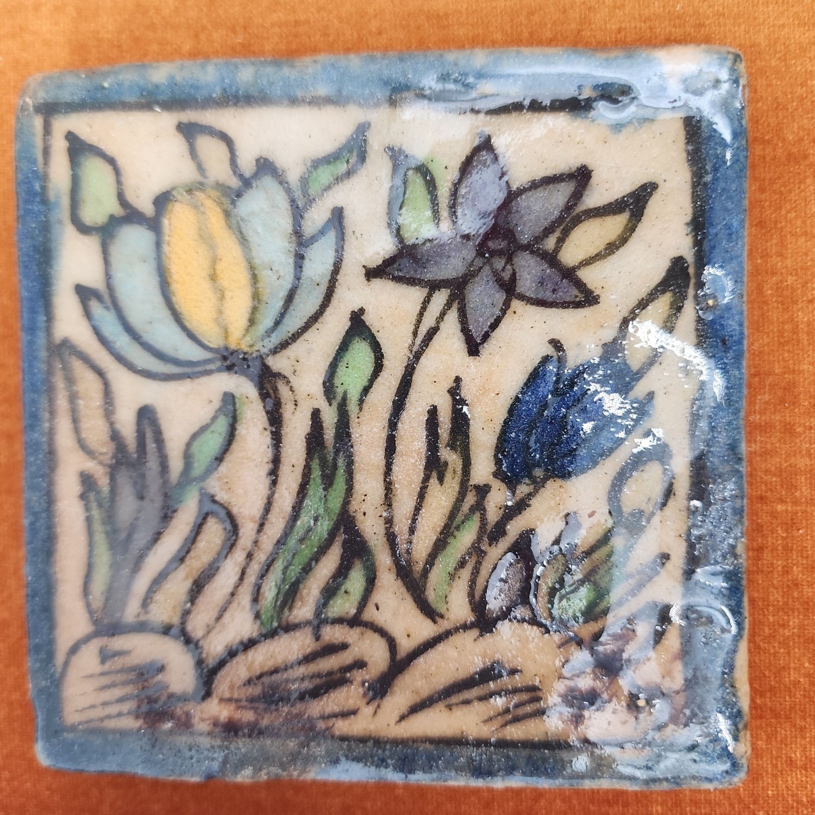 Hand-Painted VTG Persian Style Tile Wall Art Ornate Wooden Frame Floral MCM