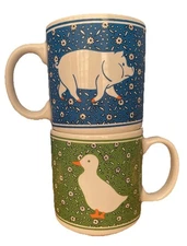 Vintage JSNY Calico Farm Country Mugs. Green Duck and Blue Pig