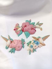 Vtg Burwood Hummimgbird Flowers Wall Plaques 3 Pc 90s Home Decor Made In USA