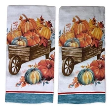 Set of 2 HARVEST PUMPKIN WHEELBARROW Terry Kitchen Towels by Kay Dee Designs