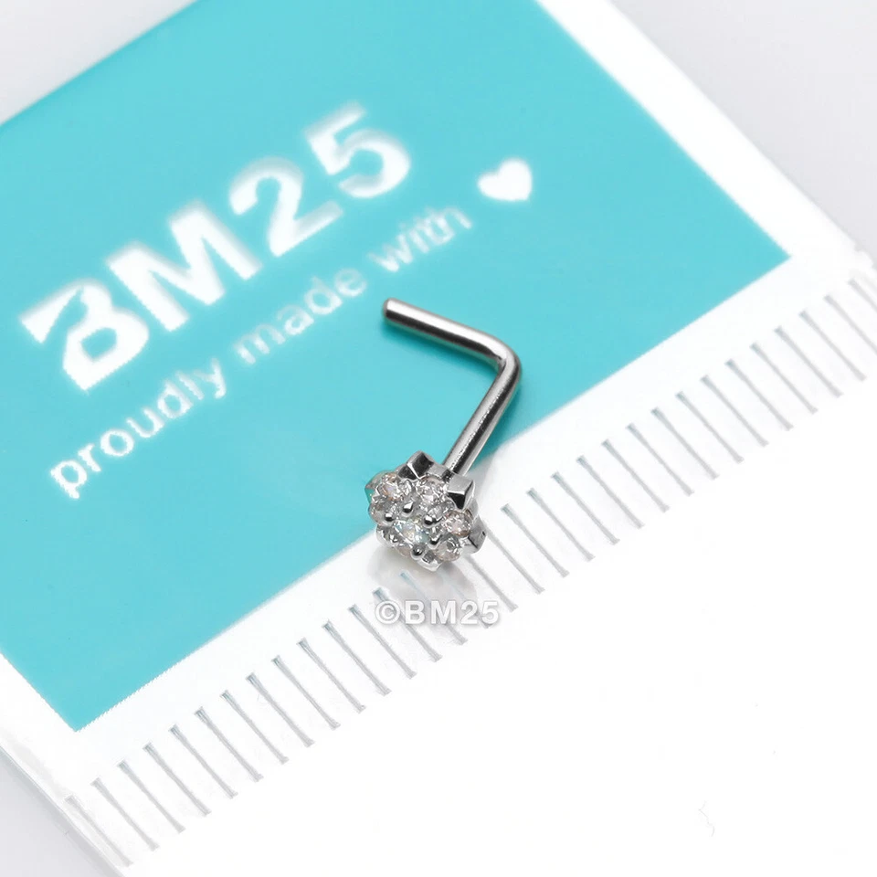 Anillo de nariz brillante de oro de 14 quilates con flores brillantes en forma de L Foto 3 de 4