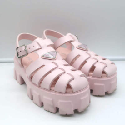 Prada Monolith Rubber Cage Sandals Baby Pink Size 37 Platform Slingback 