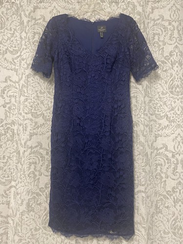 Adrianna Papell Formal Party Evening Event Lace Sheath Dress Navy Blue 10