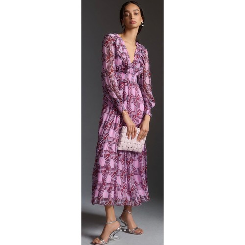 NWT New $180 Anthropologie Odetta V-Neck Ruffle Purple Maxi Long Dress L - Picture 8 of 14