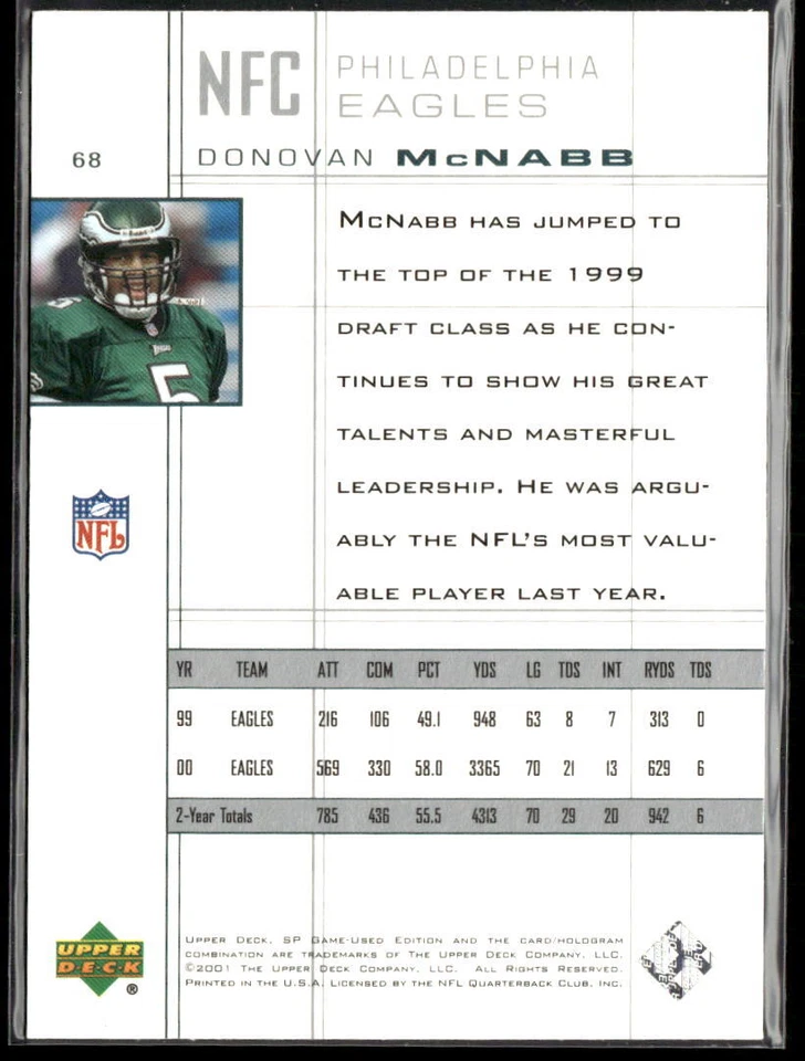 2001 SP Game Used Edition #68 Donovan McNabb - Image 2 of 2