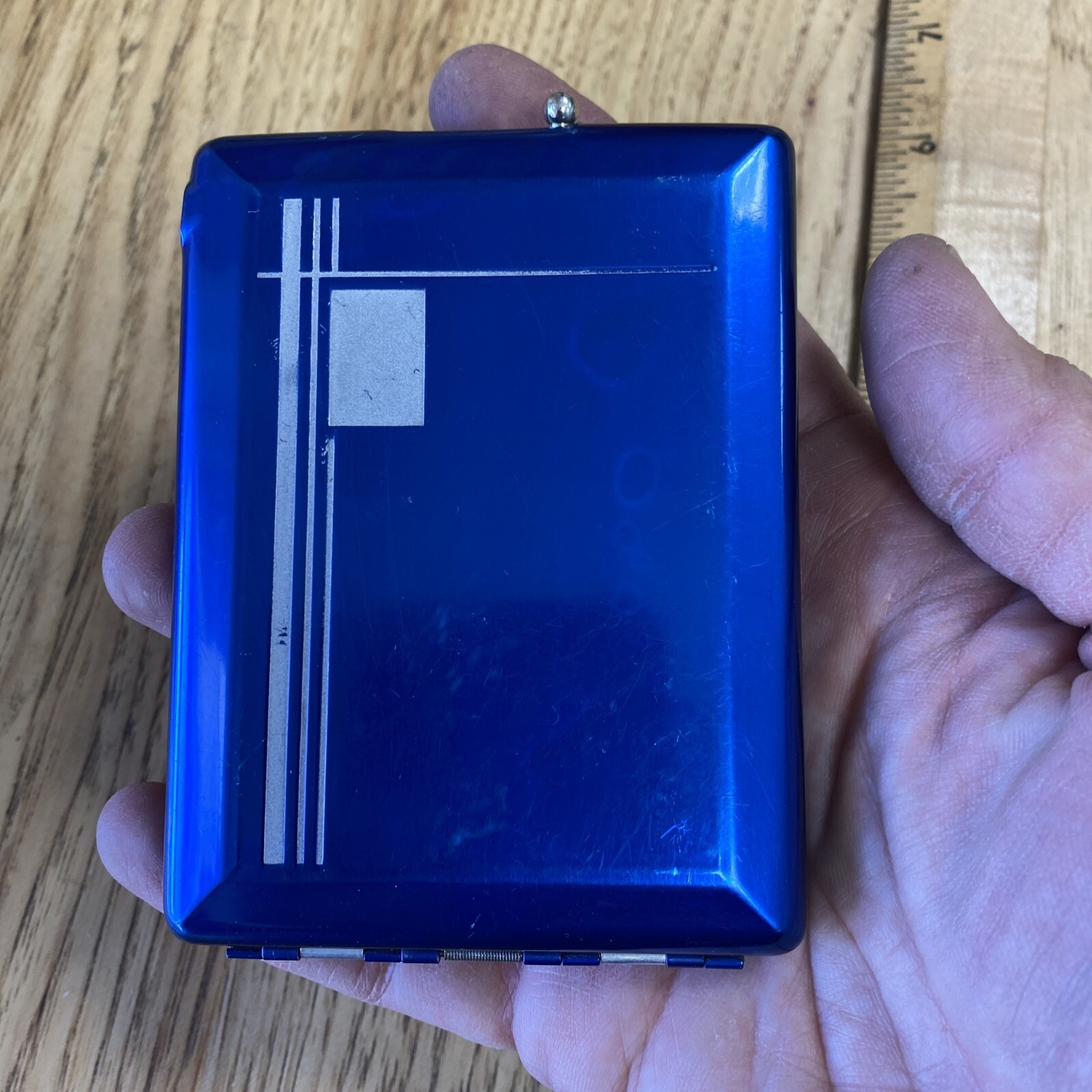 Vintage Magic Case Cigarette Case Made In USA. RARE Blue Metal Chrome