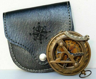Antique Brass Maritime Stanley London Sundial Pocket Compass w Leather Case Gift