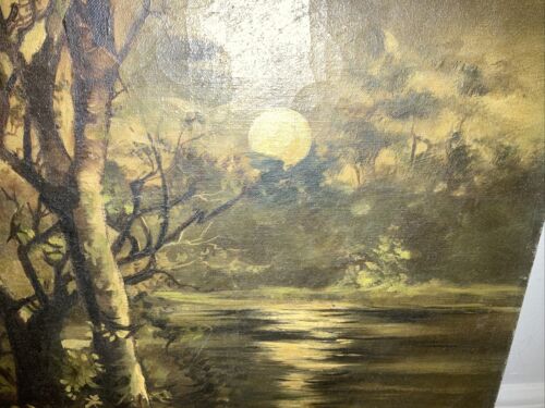 Antique Landscape Hudson River At Night Oil Canvas Painting Signed H TM - Picture 6 of 9
