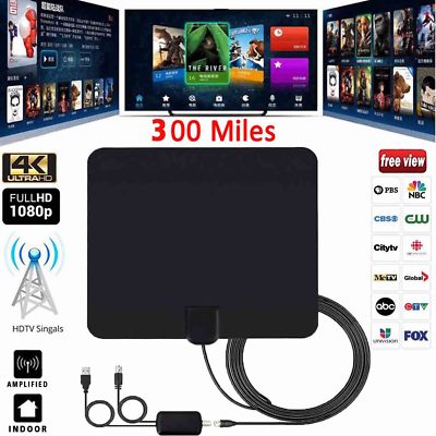 TV Antenna 300 Miles Range Thin Flat Indoor Detachable Amplified HD Def TVFox US