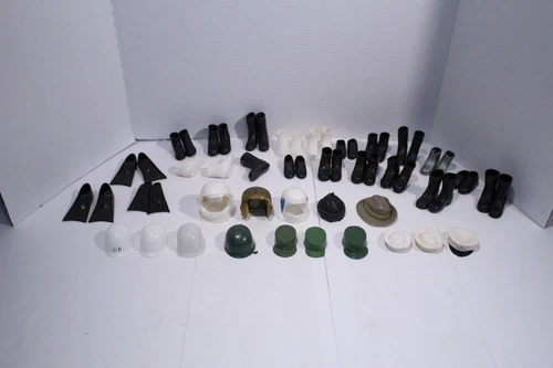Vintage  GI JOE accessories 16 pair of shoes or boots, 3 Sets Of Fins, 15Helmets
