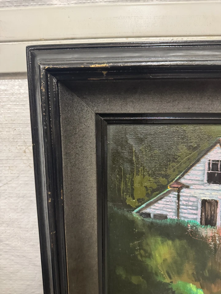 Pintura al óleo enmarcada vintage firmada por M. Bauer - escena costera con barco y casas Foto 2 de 4