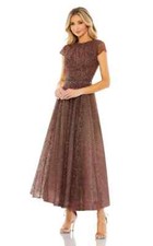 Mac Duggal Chocolate Brown Beaded Floral Cap Sleeve Midi Gown 14 $698