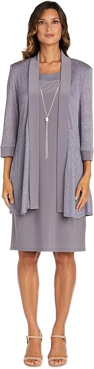 silver grey dress and jacket Ashro Elegant Fit-and-Flare Sparkling Jacket Dress with 3/4 Sleeve, Size 24W, Silver