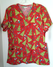 Scrubaid Holiday Christmas Tree Print Tapered Fit Scrub Top Size Lg. NWT 124